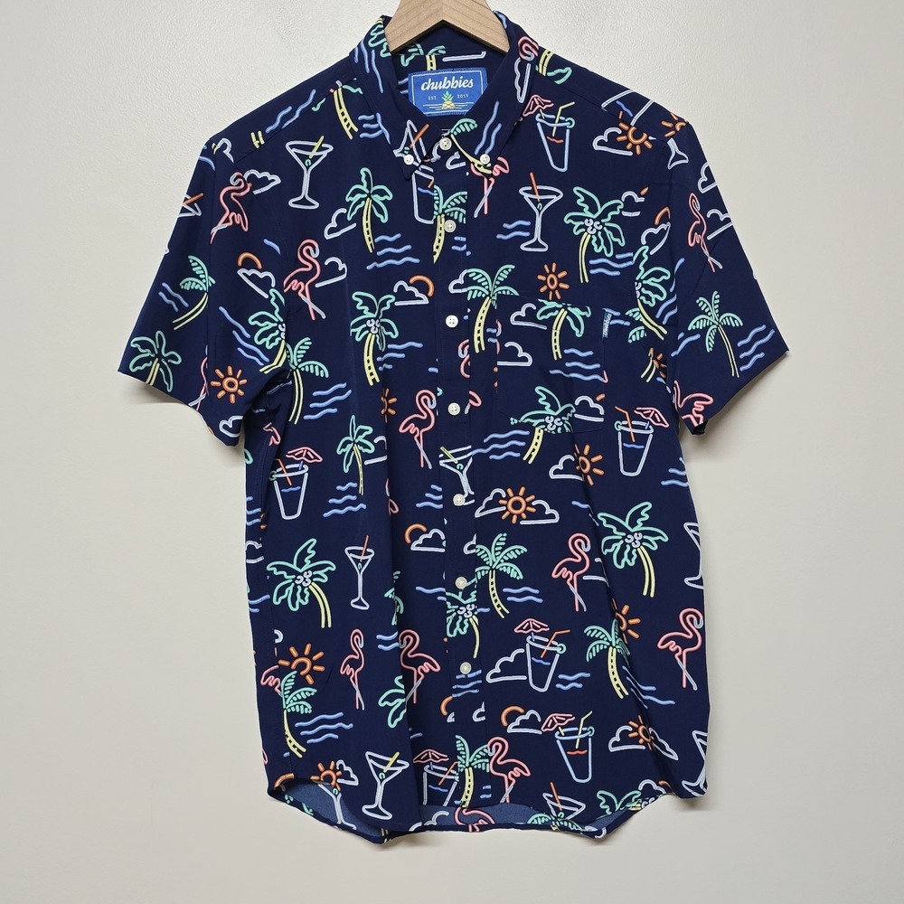 Chubbies The Neon Lights Navy Button-Up Short Sleeve Shirt Men's Med Beach Pool